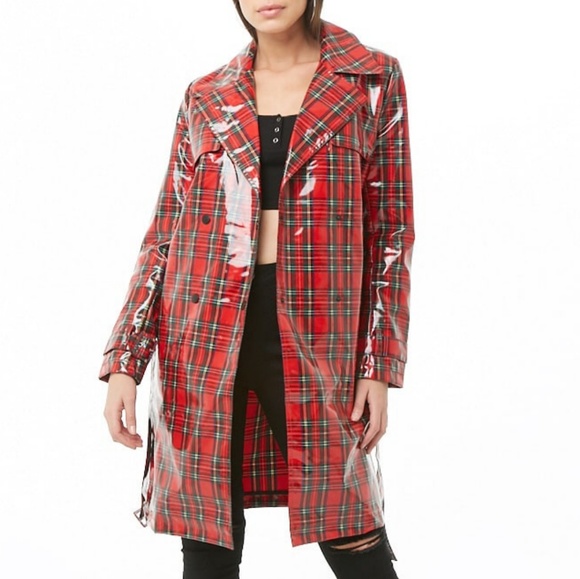red plaid raincoat